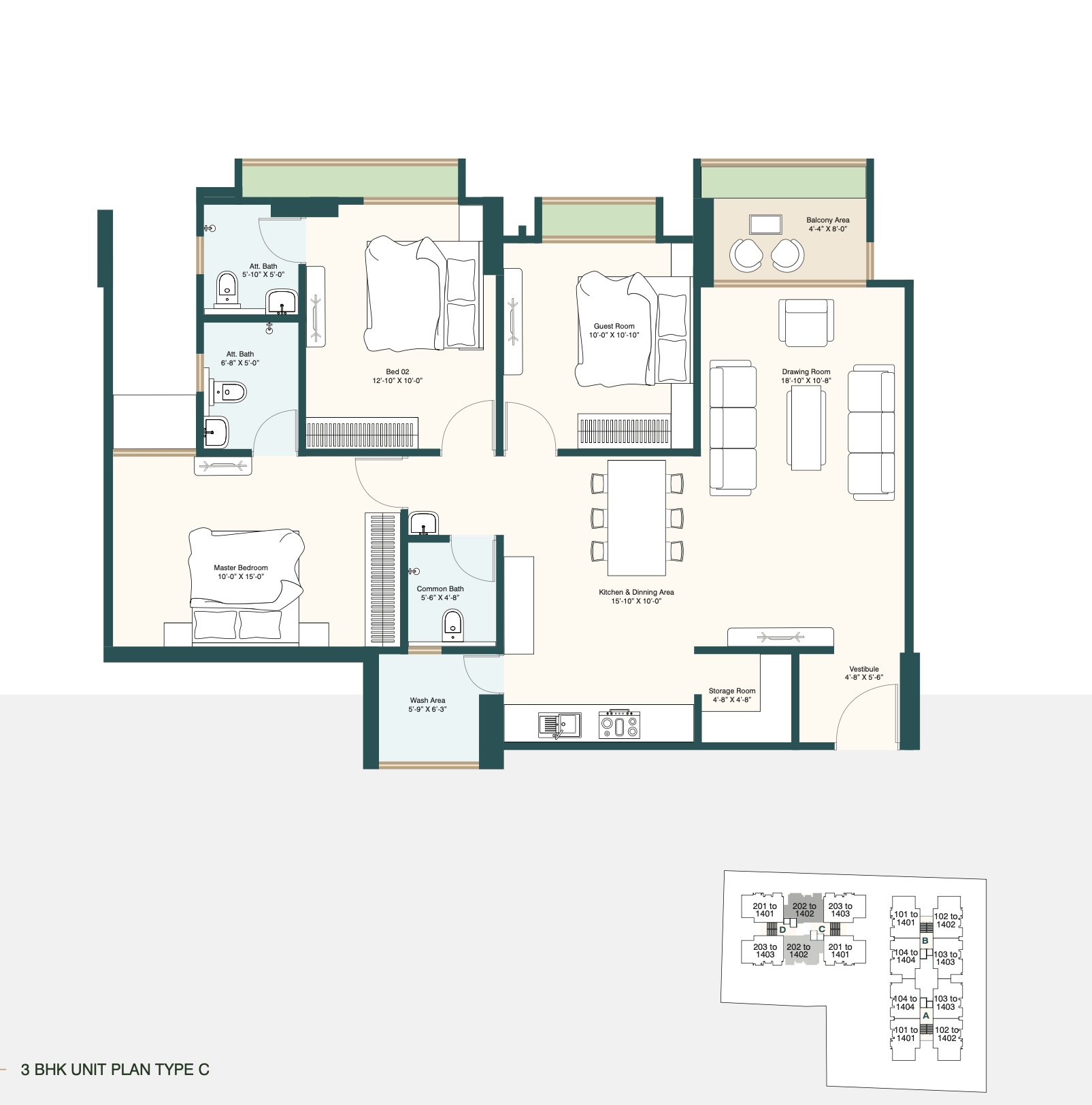 Snehal Exotica Floor Plan Type C - 3BHK flat architectural drawing Ahmedabad