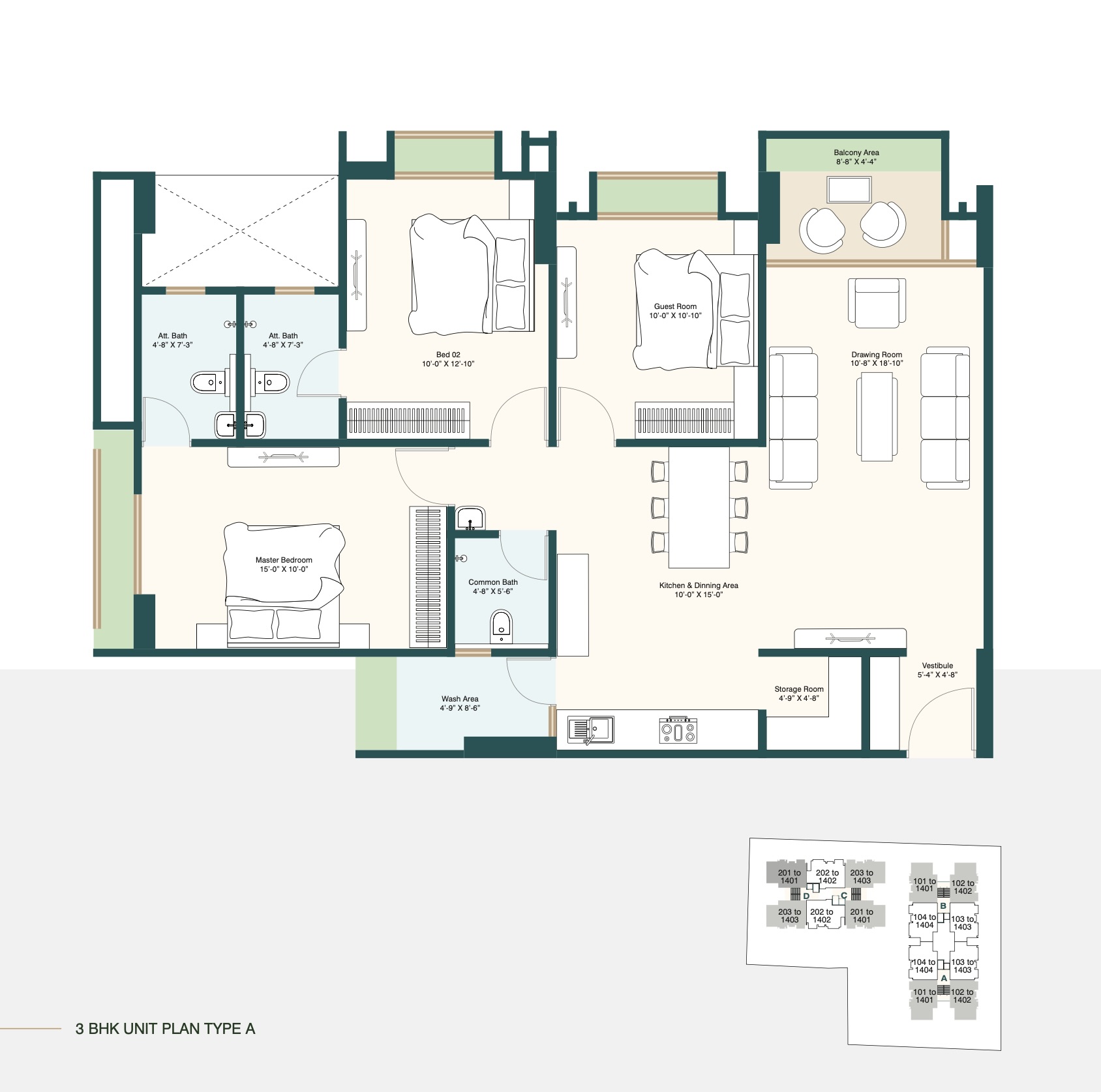 Snehal Exotica Floor Plan Type A - 3BHK luxurious apartment layout design