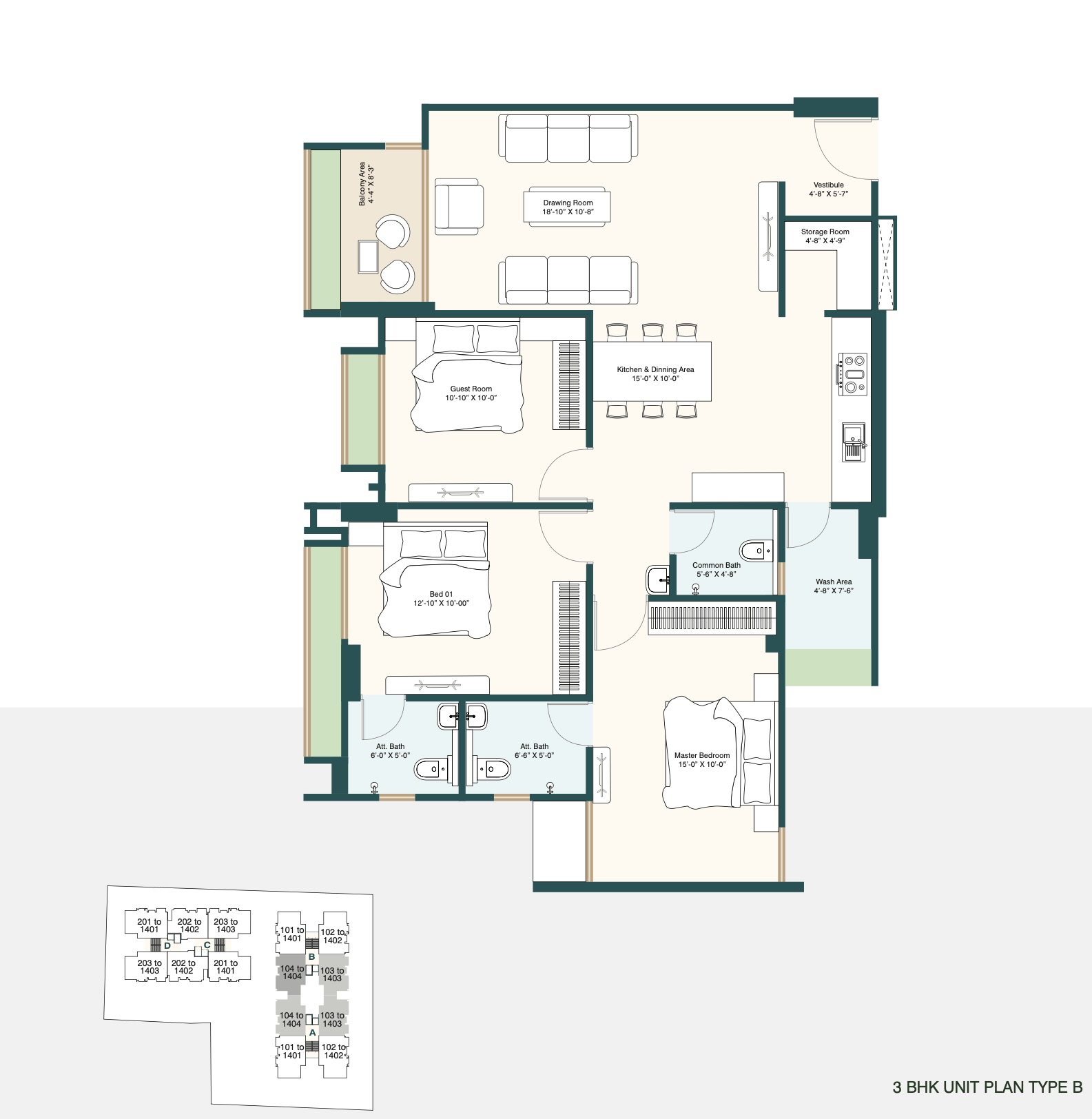 Snehal Exotica 3BHK floor map Type B - spacious residential unit dimensions