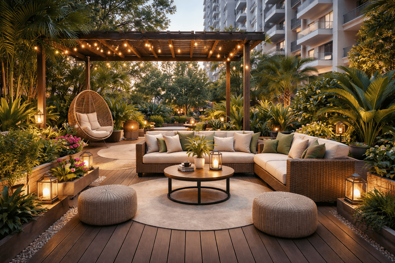 Landscaped sit-out and community space at Snehal Exotica in Ahmedabad